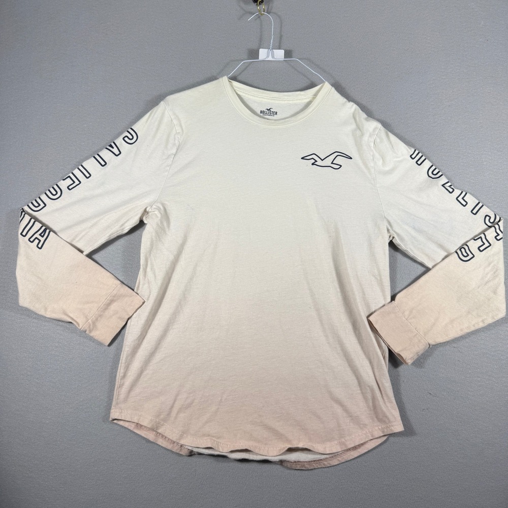 Hollister Mens Long Sleeve T-Shirt Ombre Pink Cream Graphic Sleeve Logo Large